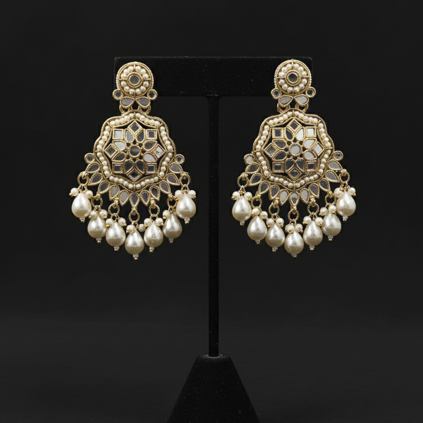 Pair of ornate earrings with pearls on a black stand against a black background