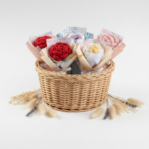 Crochet flower bouquet arrangement displayed on a white background