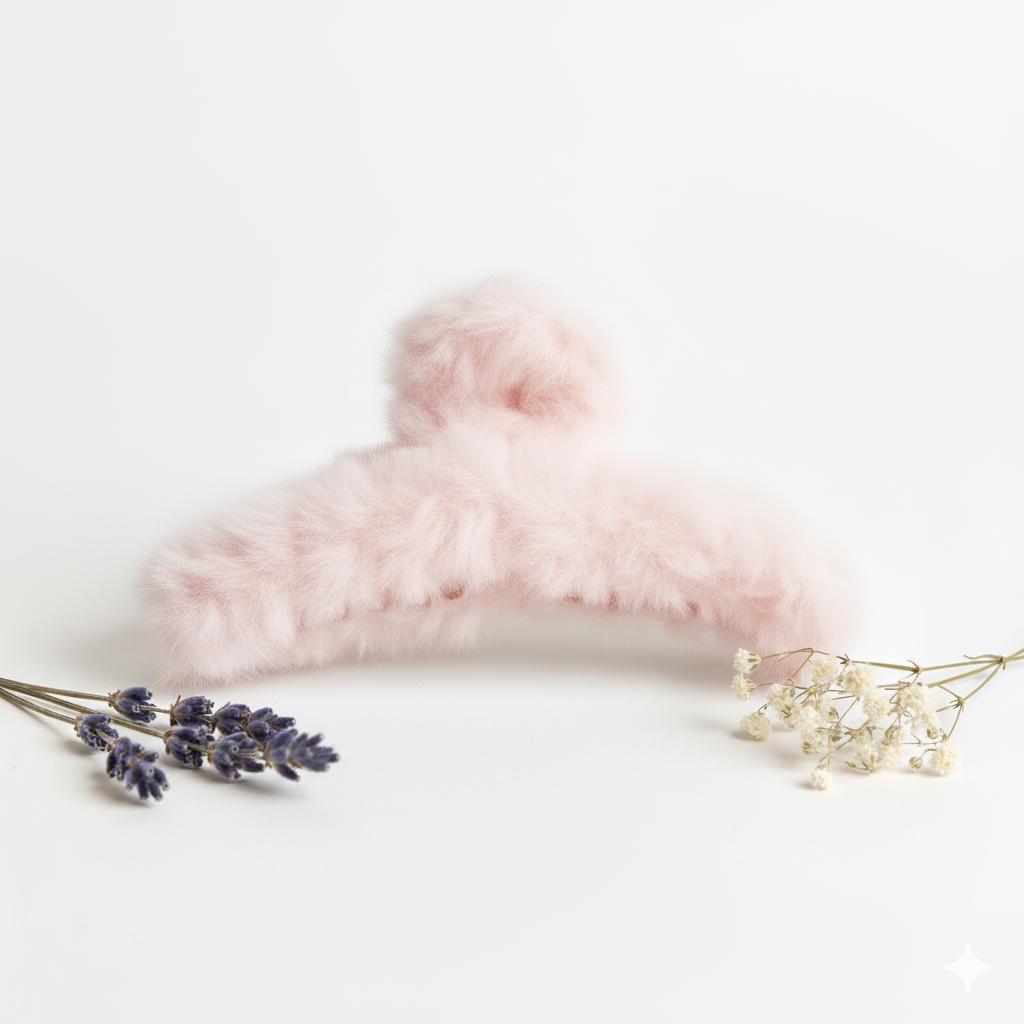 Pink Aesthetic Woolen Puff Claw Clip – Soft, Non-Slip Hair Accessory for Women