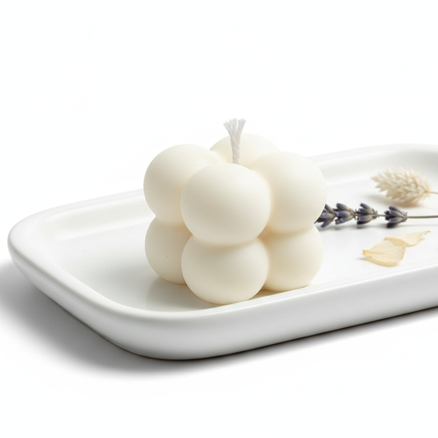 For your next gift buy Three white candles on a white plate with lavender flowers 