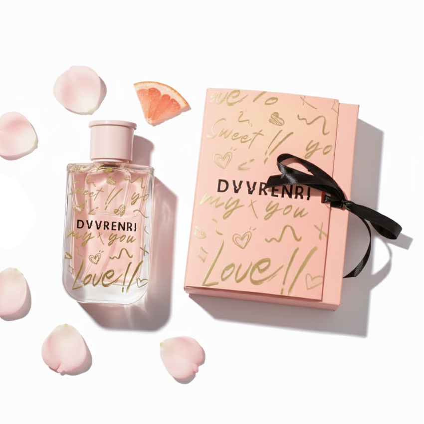 Dvrenni perfume bottle with packaging and decorative elements on a white background